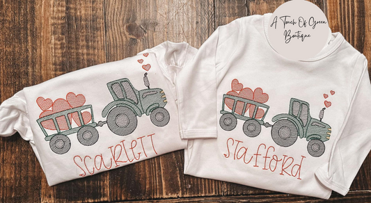 Kids Embroidered Valentines Day Tractor Shirts