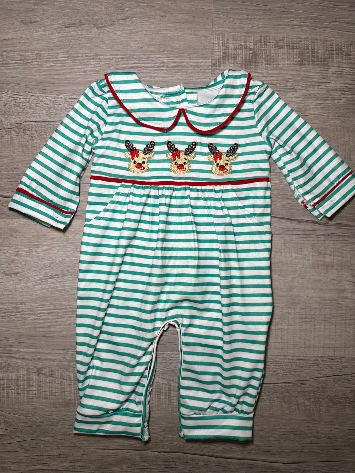 Girls Embroidered Striped Reindeer Romper