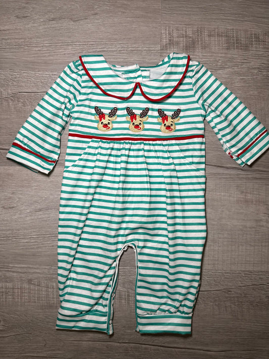 Girls Embroidered Striped Reindeer Romper