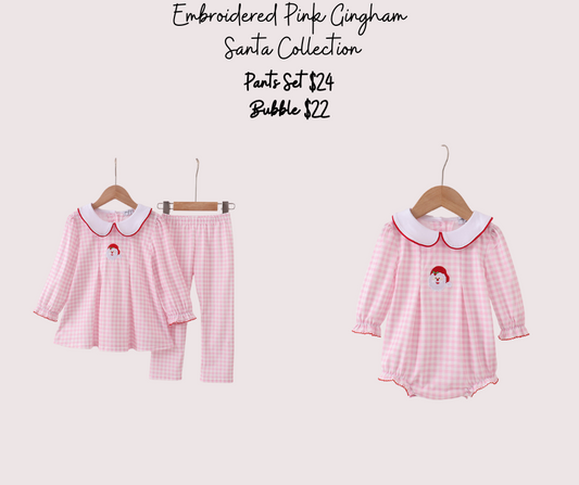 Embroidered Pink Gingham Santa Collection