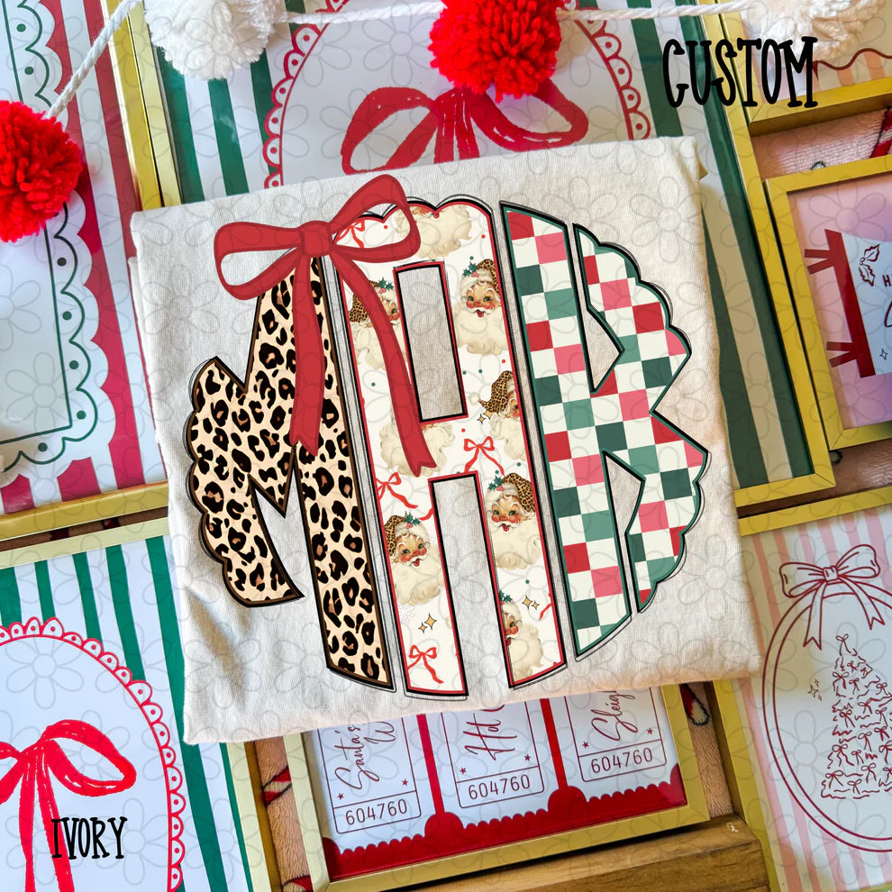 Christmas Leopard Santa Checkered Bow Monogram Tee- Kids & Adults