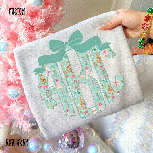 Christmas Trees Blue Bow Monogram Tee- Kids & Adults