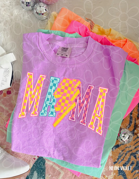 Colorful Checkered Mama Bolt Comfort Colors Tee
