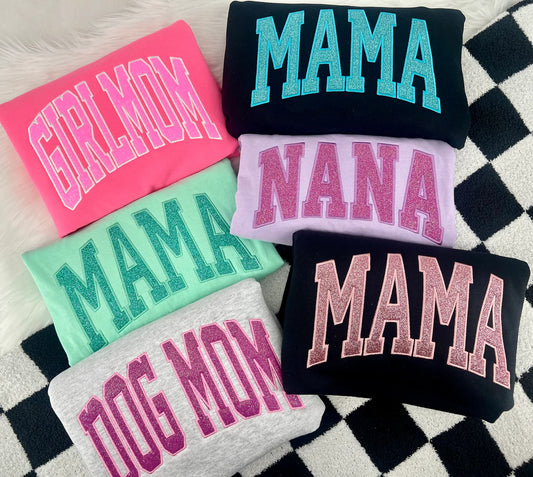 Titles Glitter Arched Embroidery (Mama, Etc.) Tee/Crewneck