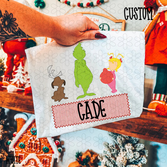 Grinch Christmas Stripes Custom Name Tee