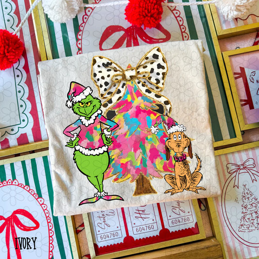 Grinch Watercolor Christmas Tree Coquette Bow Tee- Kids & Adults