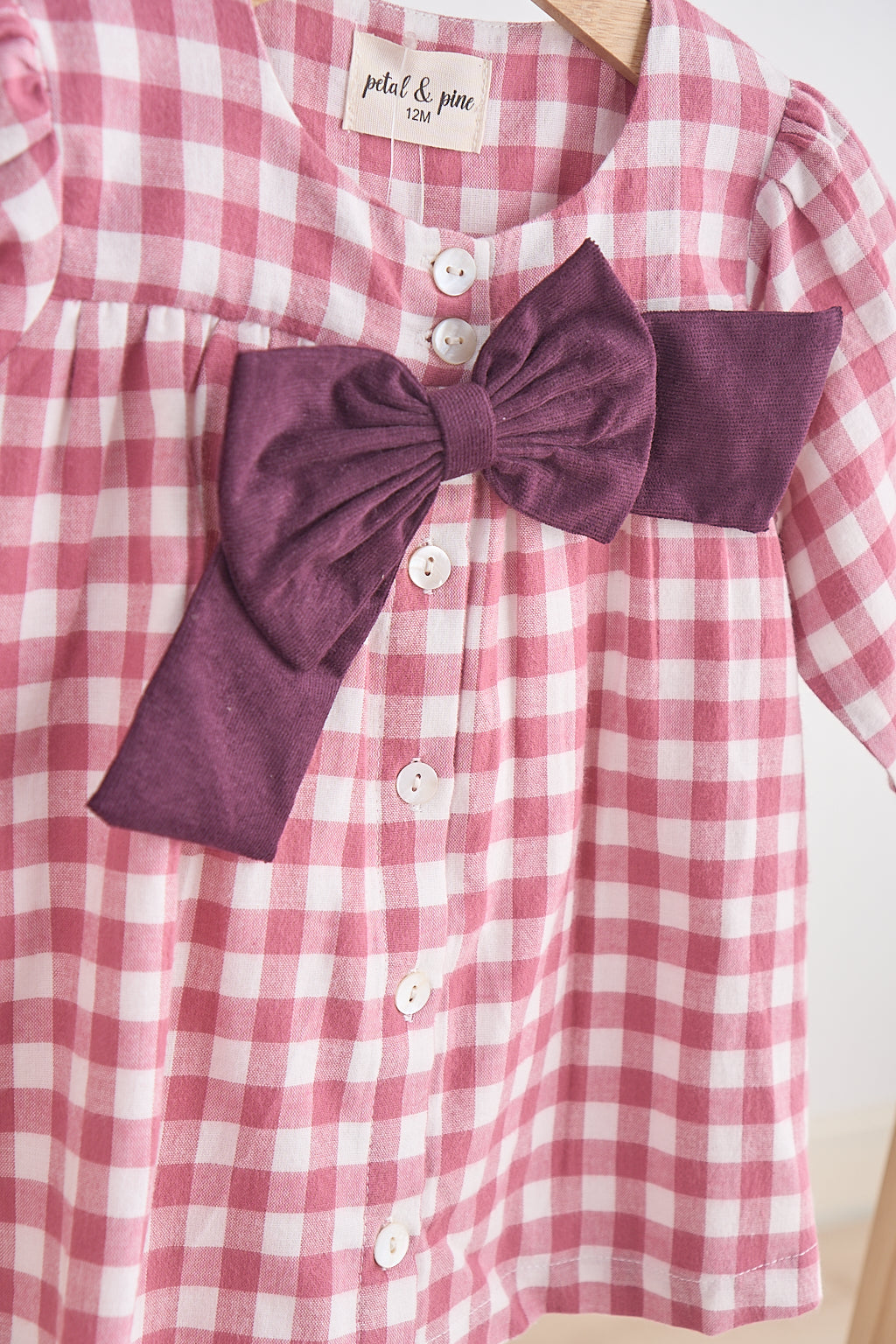 Girls Pink Gingham Bow Dress