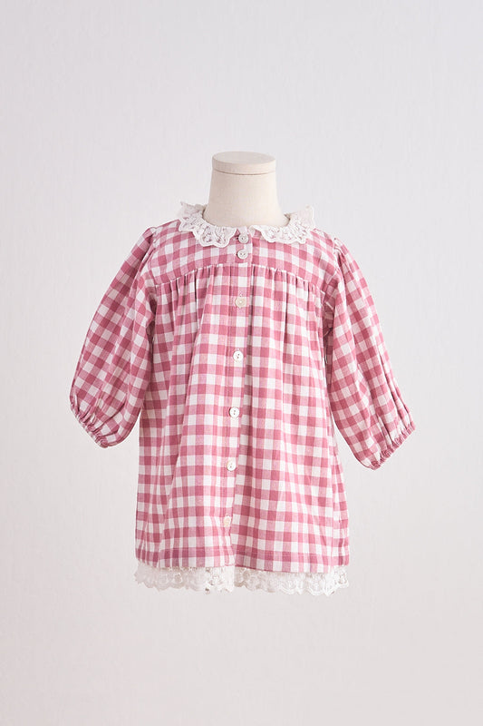 Girls Pink Gingham Lace Dress