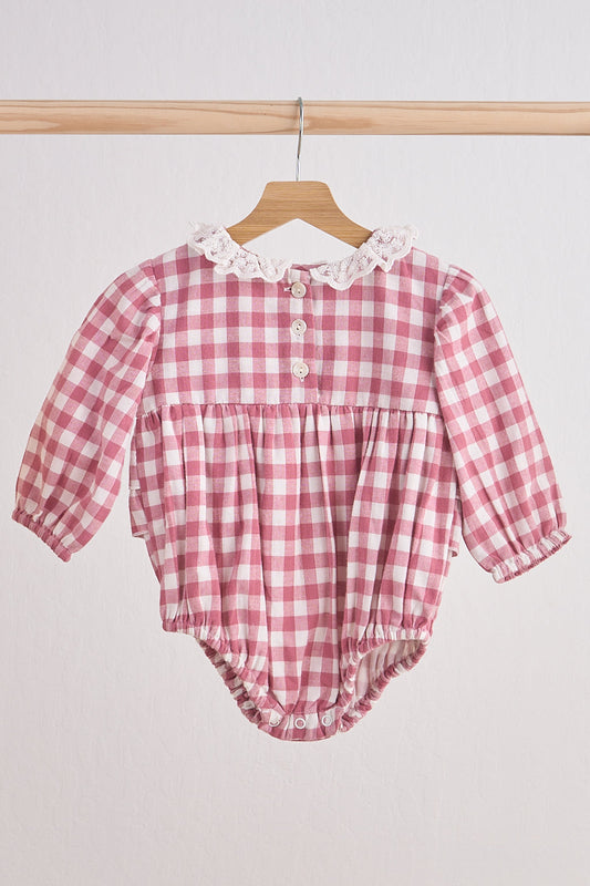 Girls Pink Gingham Lace Bubble