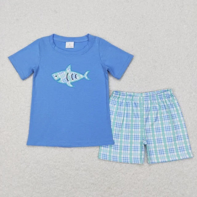 Boys Plaid Shark Shorts Set
