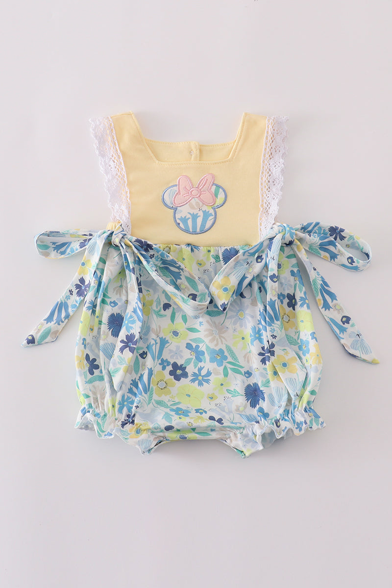 Girls Yellow Floral Mickey Appliqué Bubble