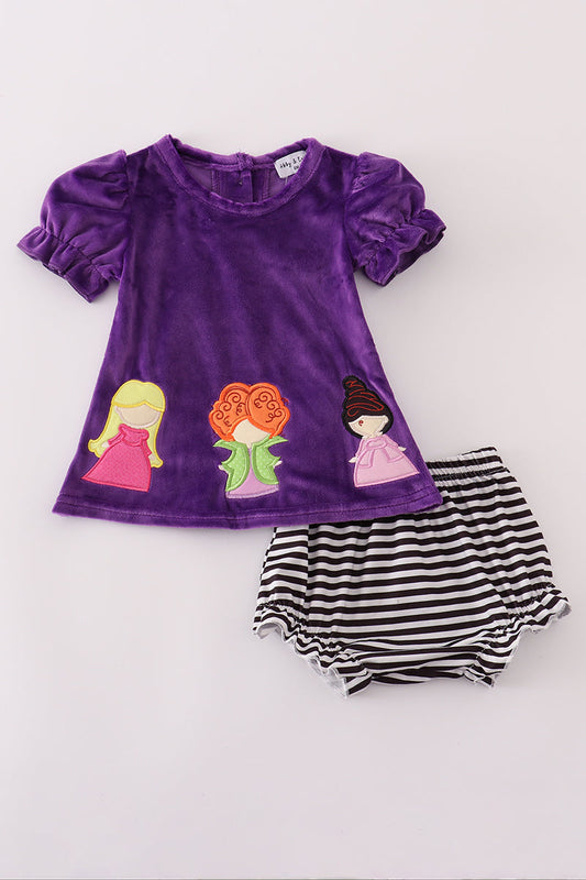 Girls Purple Halloween Witches Velvet Appliqué Bloomer Set
