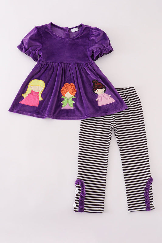 Girls Purple Halloween Witches Velvet Appliqué Pants Set
