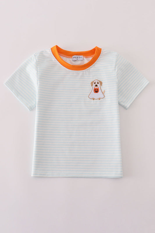 Boys Blue Embroidered Striped Puppy Ghost Pumpkin Top