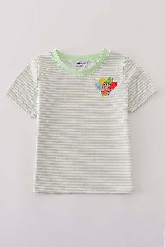 Boys Green Embroidered Striped Turkey Top