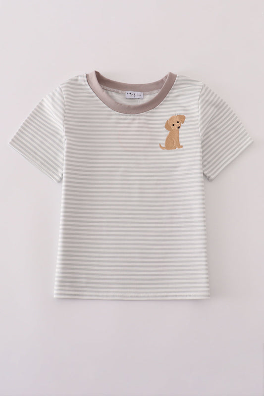 Boys Grey Embroidered Striped Puppy Top
