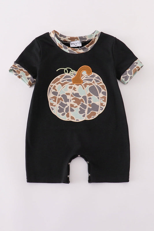 Boys Black Camo Pumpkin Appliqué Romper