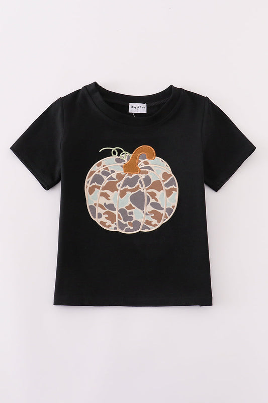 Boys Black Camo Pumpkin Appliqué Top