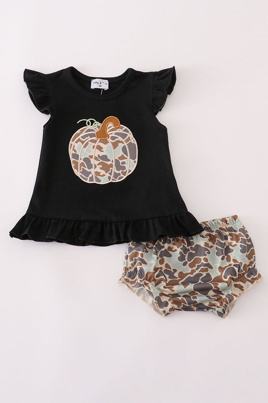Girls Black Camo Pumpkin Appliqué Bloomer Set