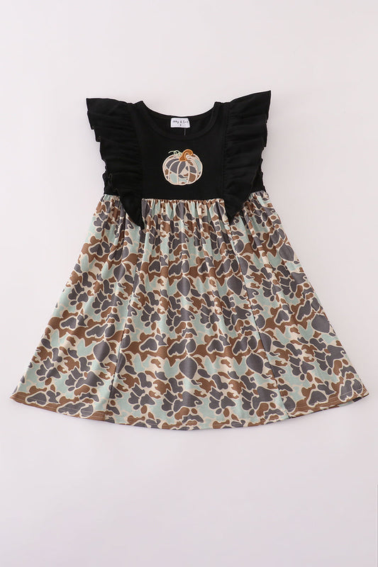 Girls Black Camo Pumpkin Appliqué Dress