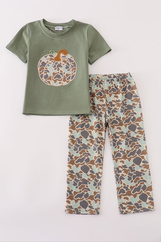 Boys Green Camo Pumpkin Appliqué Pants Set