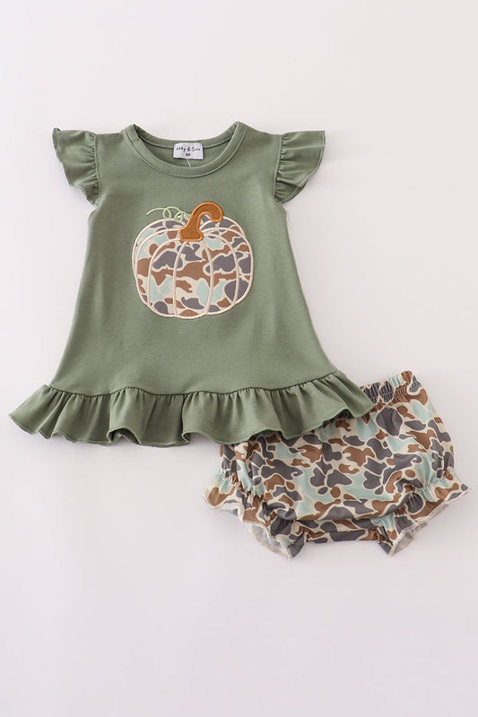 Girls Green Camo Pumpkin Appliqué Bloomer Set