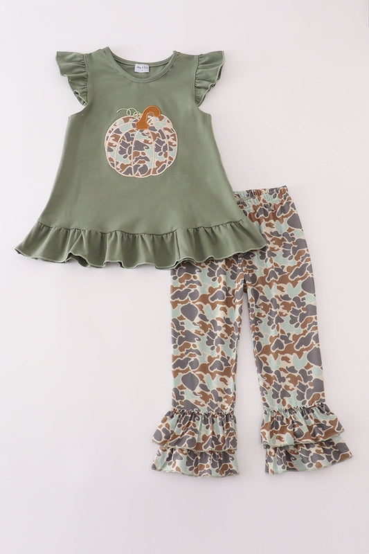 Girls Green Camo Pumpkin Appliqué Pants Set