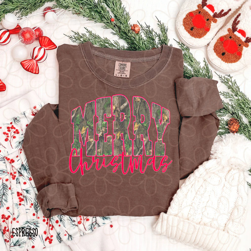 Leafy Camo Pink Merry Christmas Tee- Kids & Adults