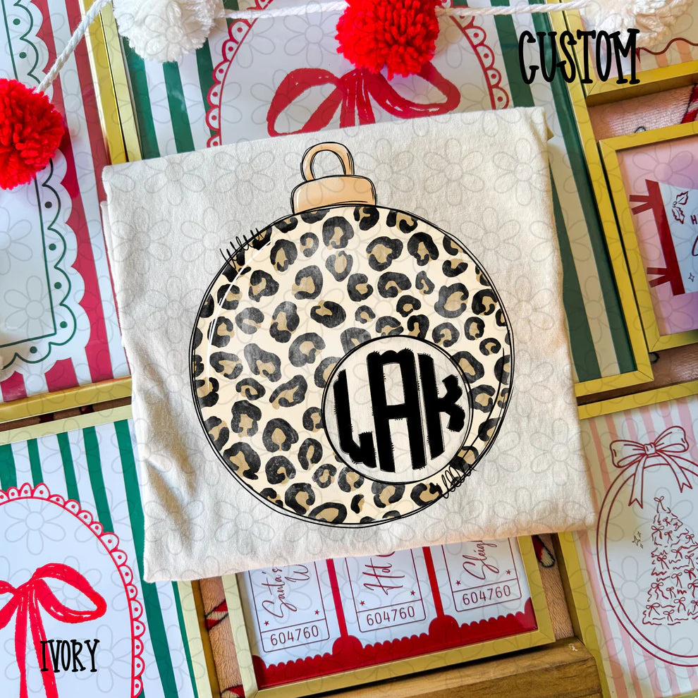 Leopard Christmas Ornament Monogram Tee- Kids & Adults