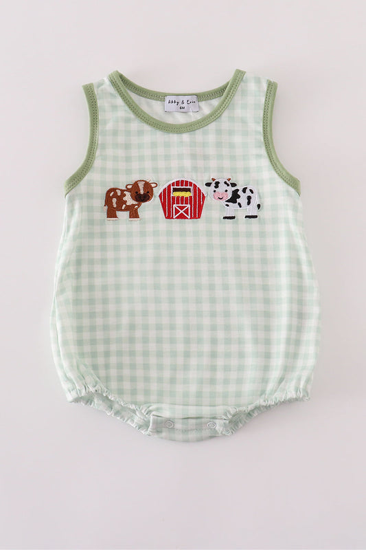 Boys Embroidered Green Farm Animal Bubble