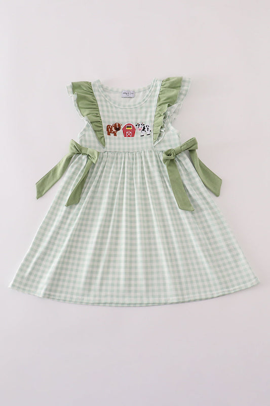 Girls Embroidered Green Farm Animal Dress