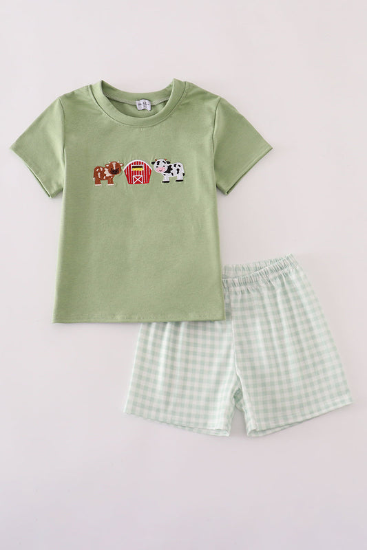 Boys Embroidered Green Farm Animal Shorts Set