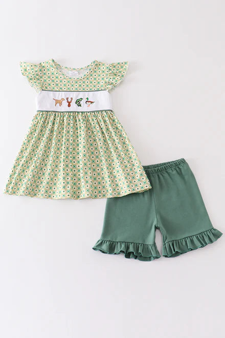 Girls Embroidered Green Go Hunting Floral Set