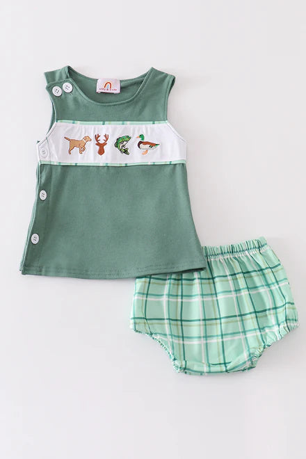 Boy Embroidered Green Go Hunting Bummie Set