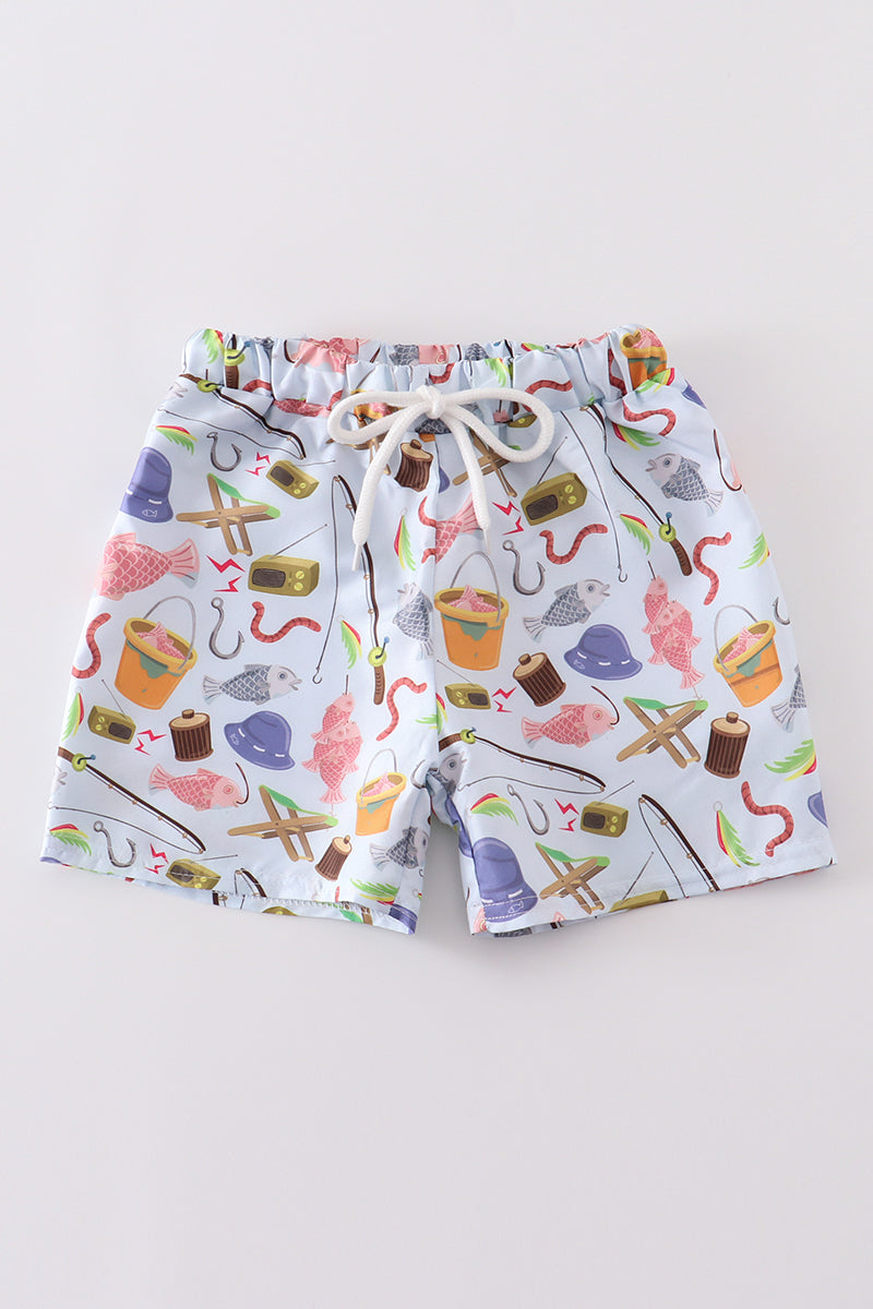 Boys Fishing Print Swim Trunks