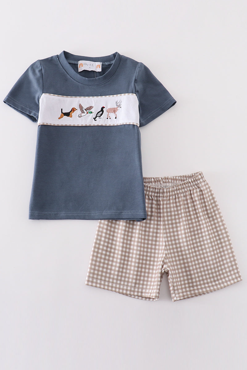 Boys Navy Embroidered Hunting Shorts Sets