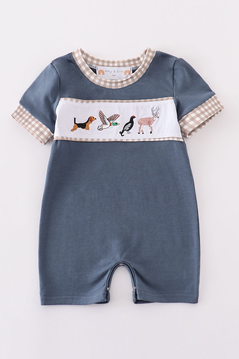 Boys Navy Embroidered Hunting Romper