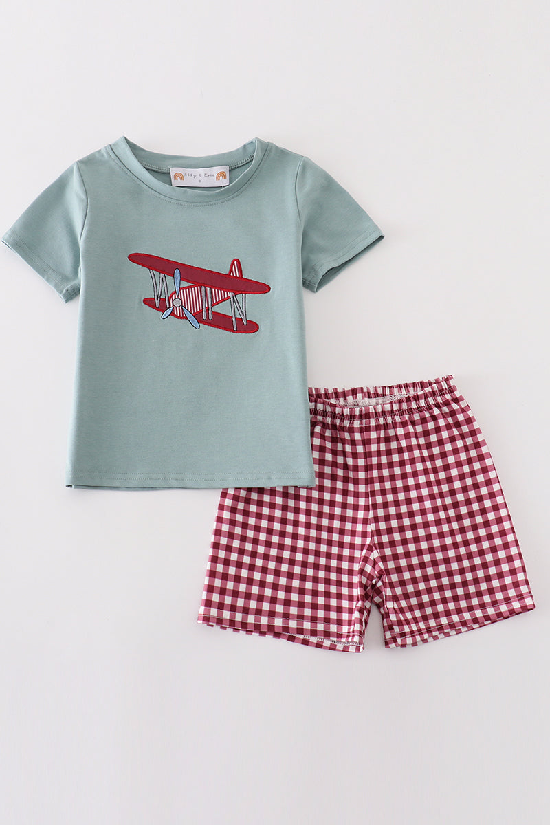 Boys Sage Airplane Appliqué Shorts Set