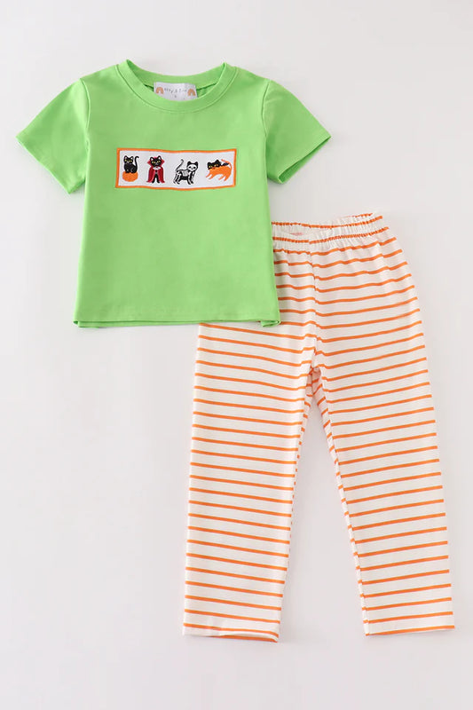 Boys Embroidered Halloween Cat Set