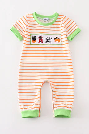 Boys Embroidered Halloween Cat Romper