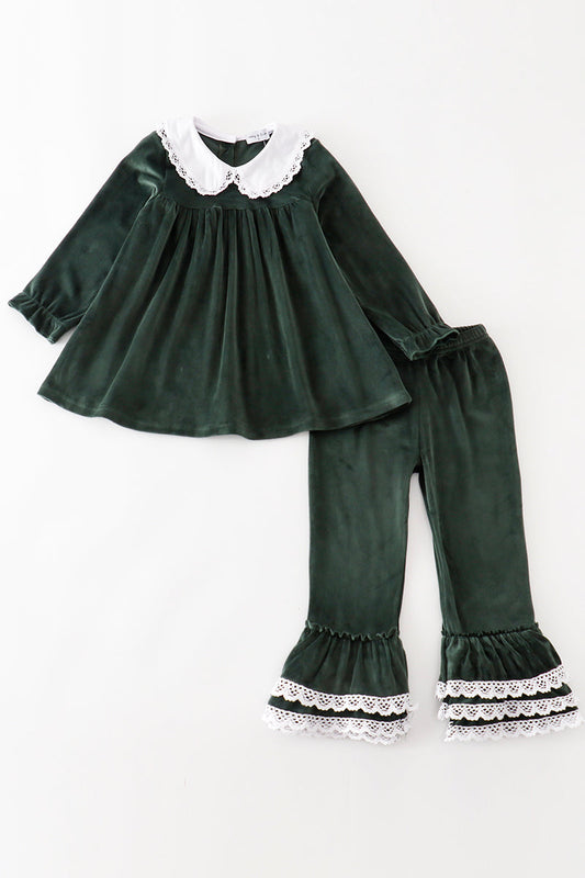 Girls Velvet Forest Green Pants Set