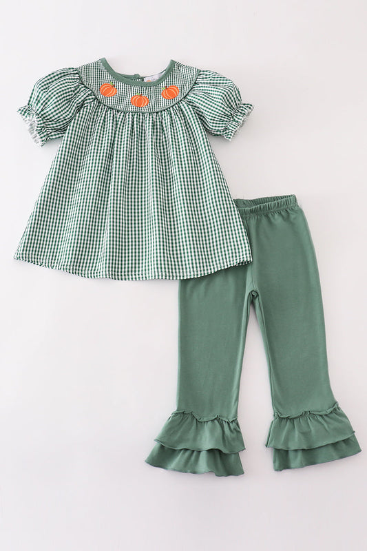 Girls Embroidered Green Gingham Pumpkin Pants Set
