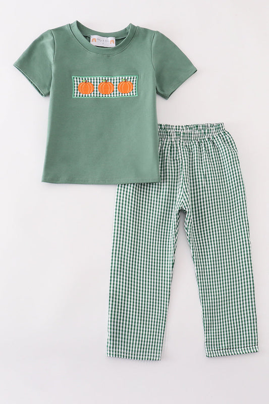 Boys Embroidered Green Gingham Pumpkin Pants Set