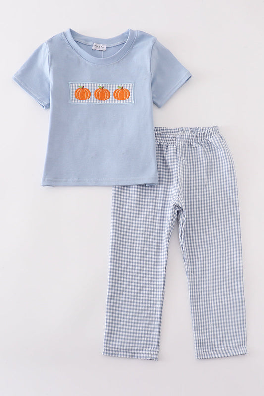 Boys Embroidered Blue Gingham Pumpkin Pants Set