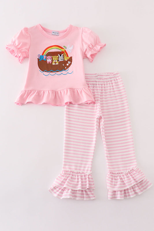 Girls Pink Stripe Noah's Ark Pants Set