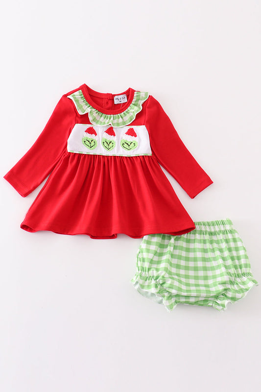 Girls French Knot Grinch Bummie Set