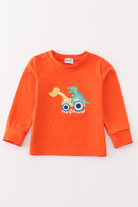 Boys Orange Dinosaur Excavator Appliqué Top