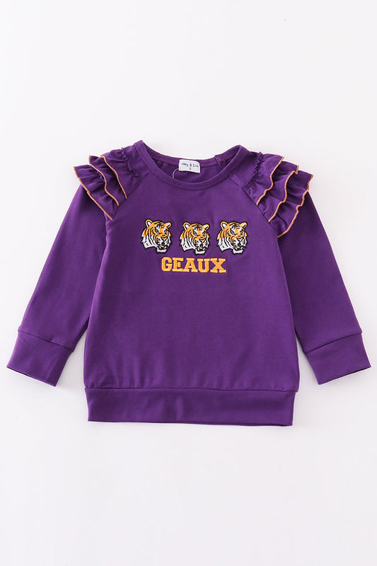 Embroidered LSU Tigers Ruffle Sleeve Sweatshirt