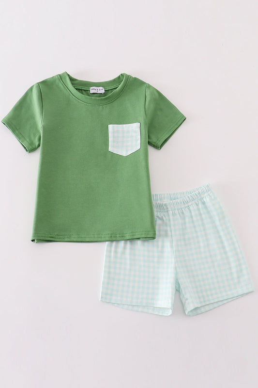 Boys Green Gingham Shorts Set