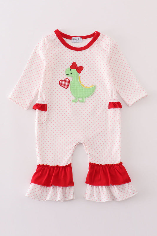 Girls Pink Dinosaur Heart Appliqué Romper